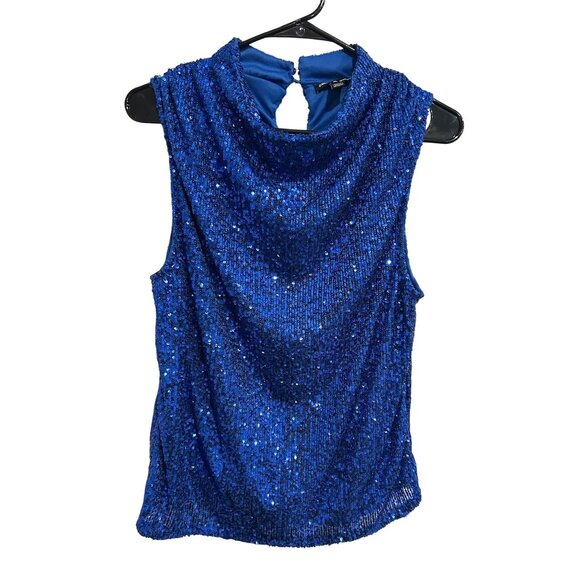Cable & Gauge Blue Sequin Sleeveless Top High Neckline Keyhole Back Sz Large - Picture 1 of 9
